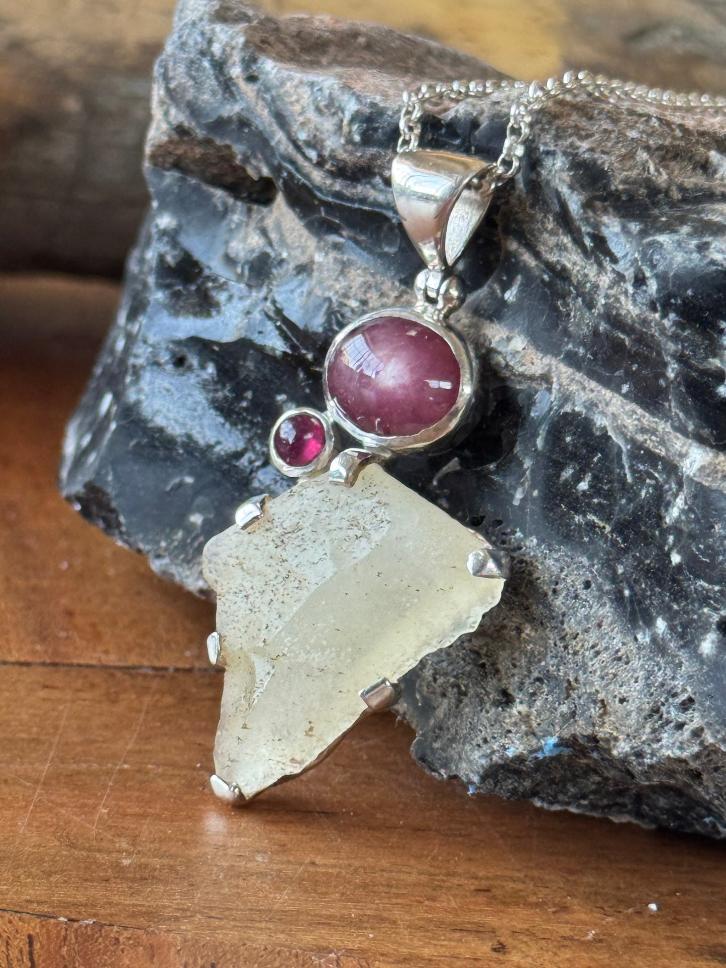 Raw Libyan Desert Glass & Natural Ruby Pendant