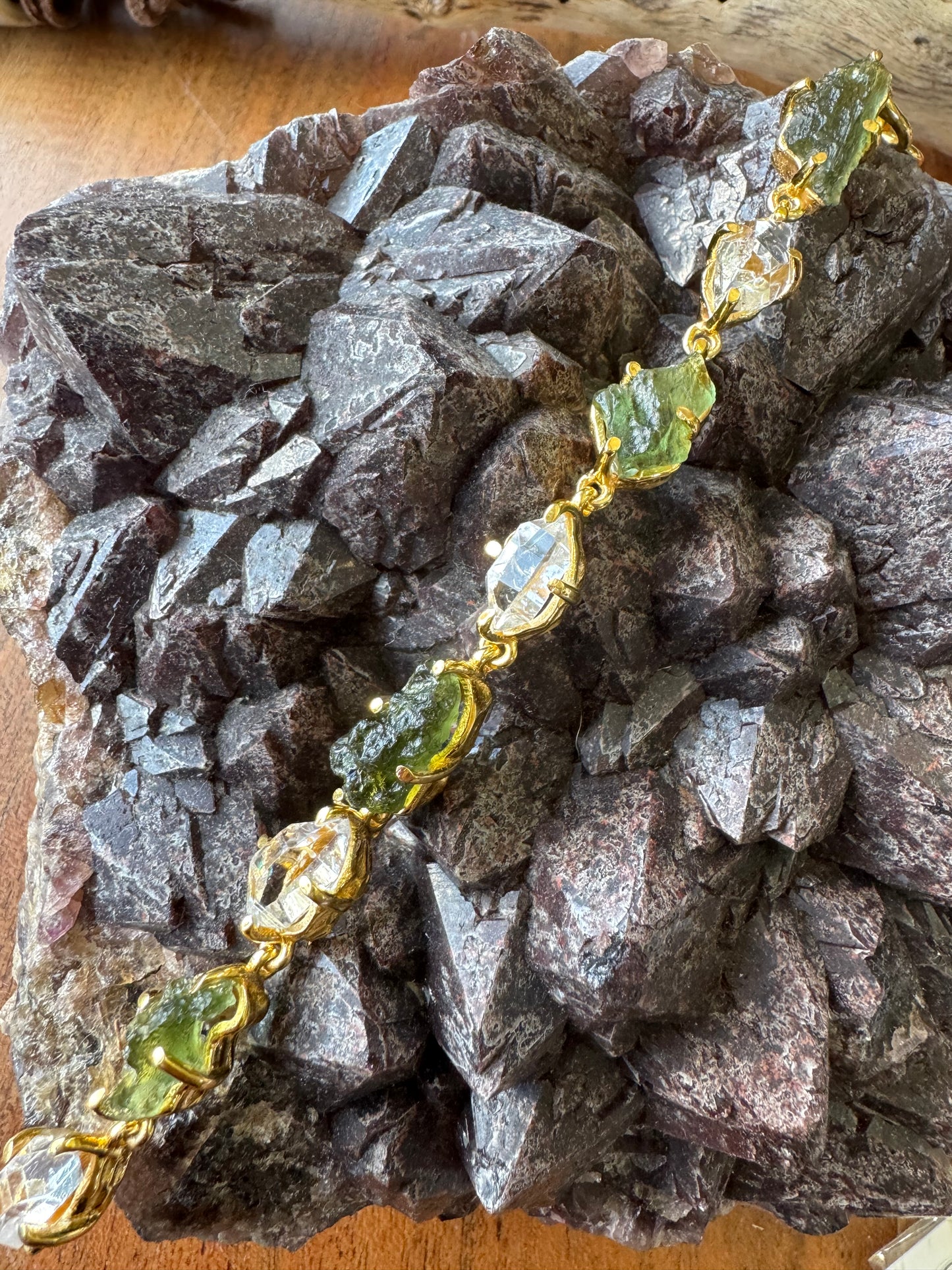 Herkimer Diamond & Moldavite Micron Gold Bracelet