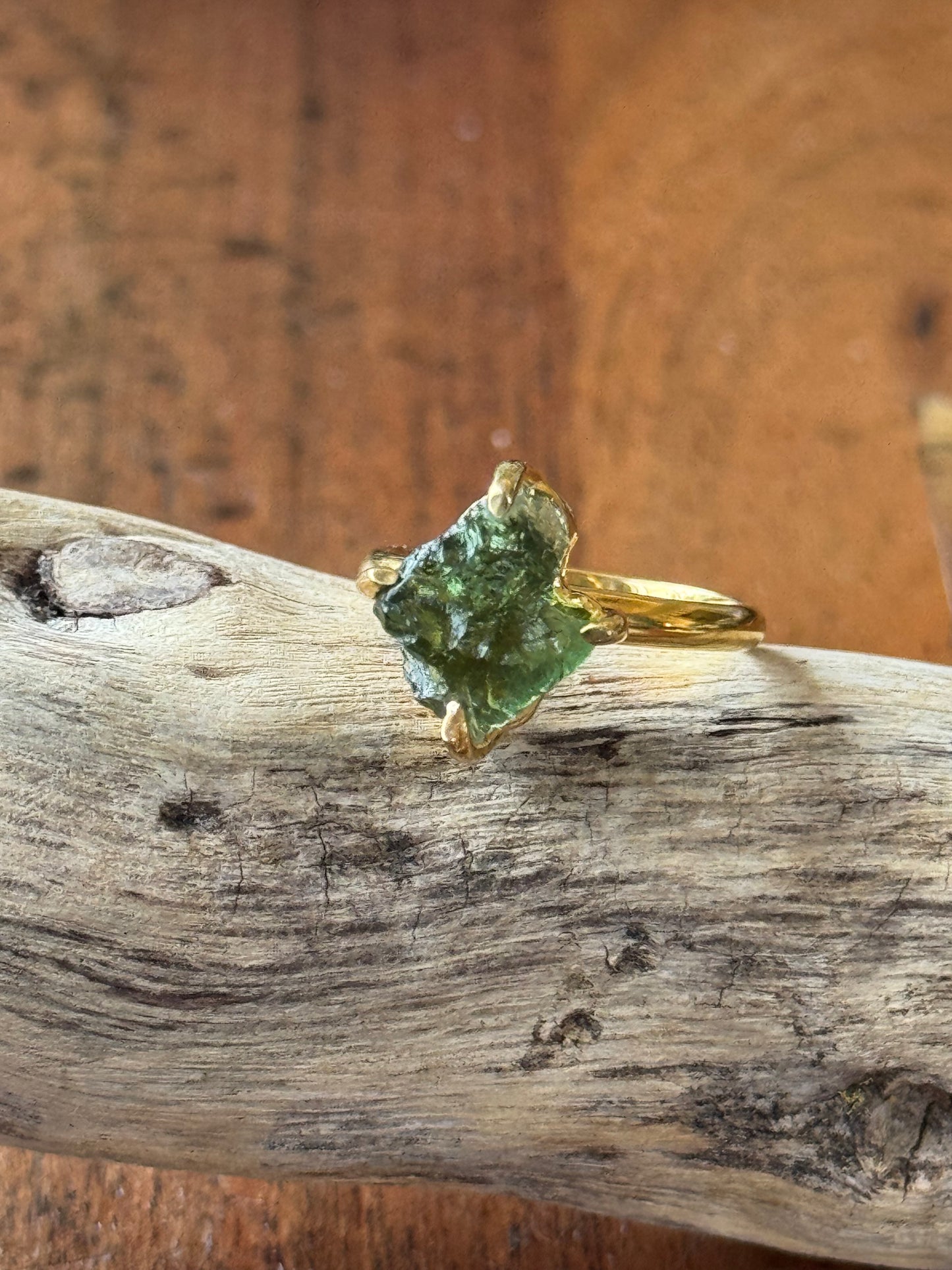 Gold Micron Plated Raw Moldavite Ring