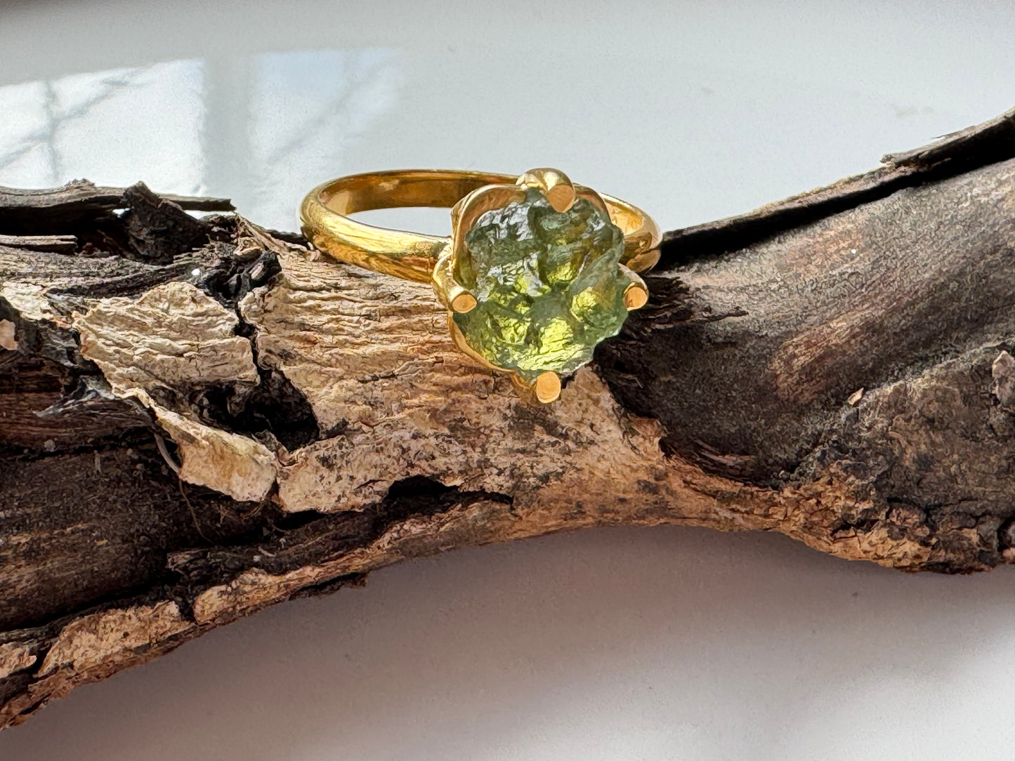 Gold Micron Plated Raw Moldavite Ring
