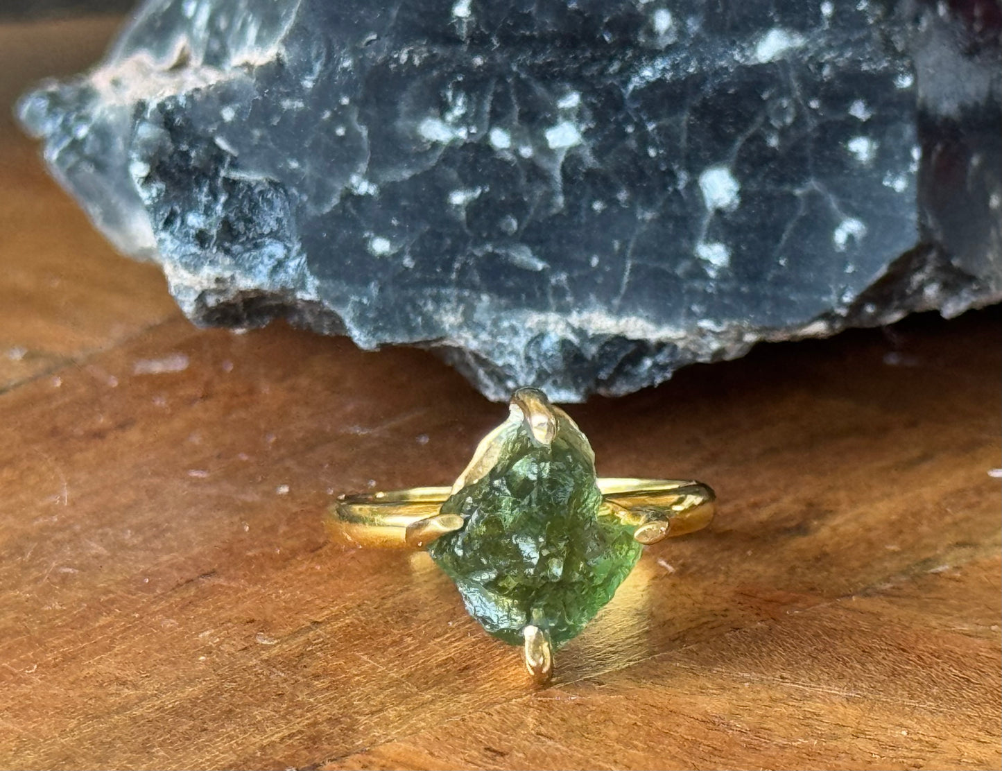 Gold Micron Plated Raw Moldavite Ring