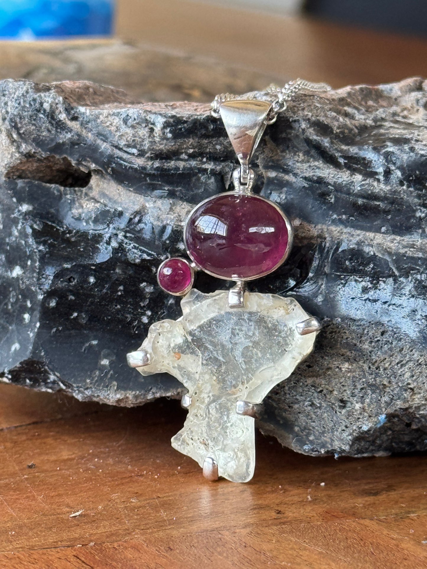 Raw Libyan Desert Glass & Natural Star Ruby Pendant