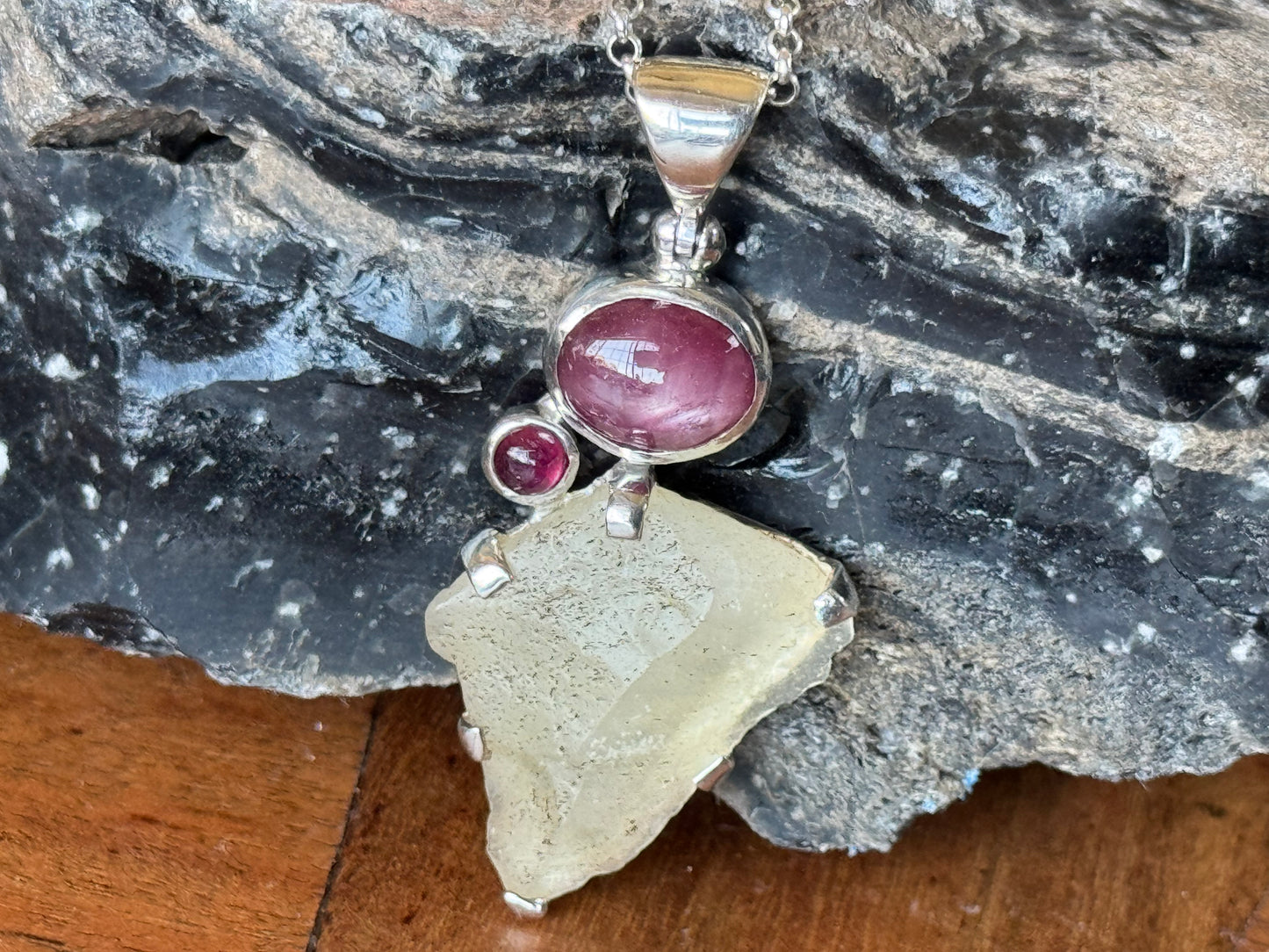 Raw Libyan Desert Glass & Natural Ruby Pendant