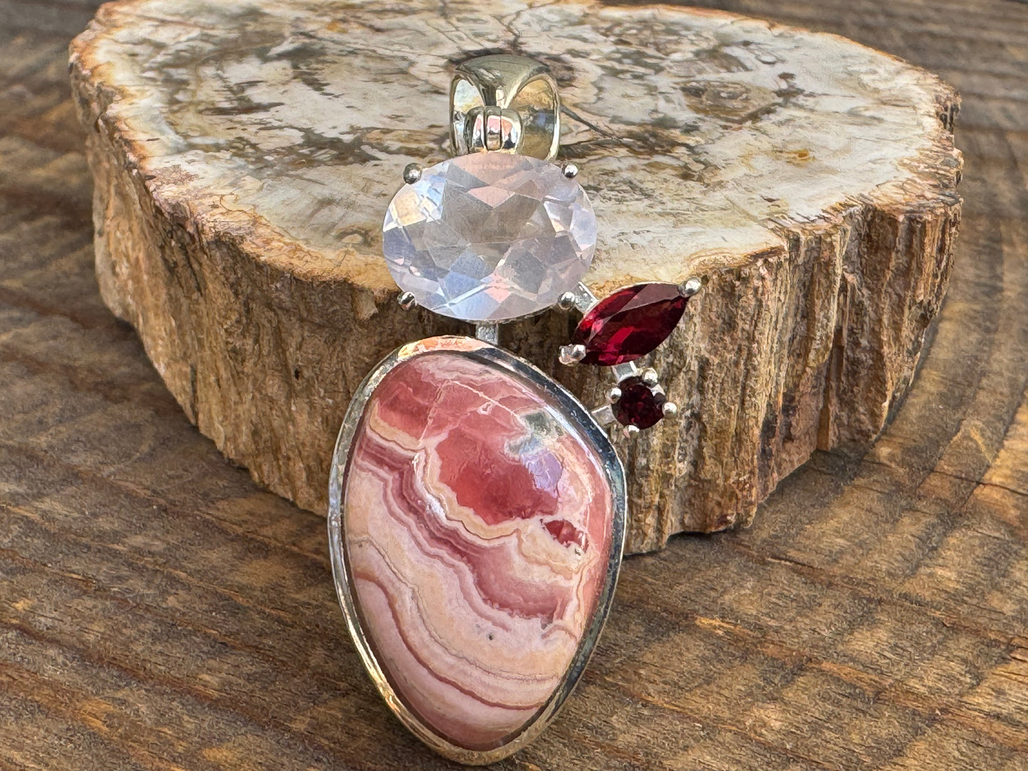 Rhodochrosite, Rose Quartz & Garnet Pendant