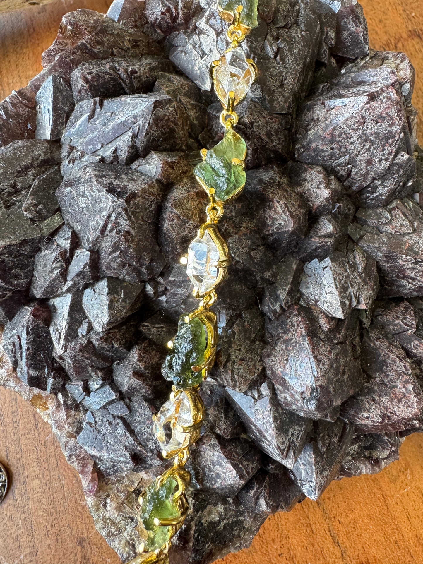 Herkimer Diamond & Moldavite Micron Gold Bracelet
