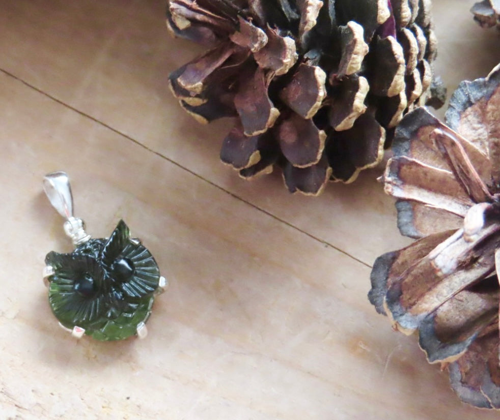 Natural Moldavite Owl Carving Sterling Silver Pendant- Wisdom, Transformation & Spiritual Awakening