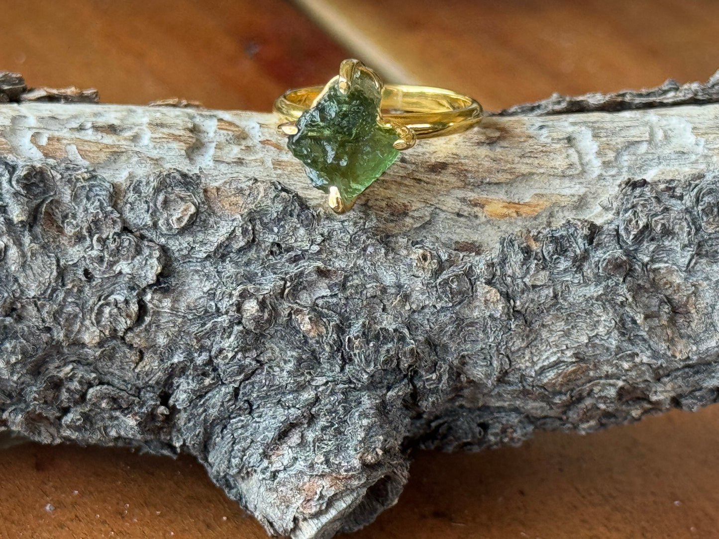 Gold Micron Plated Raw Moldavite Ring