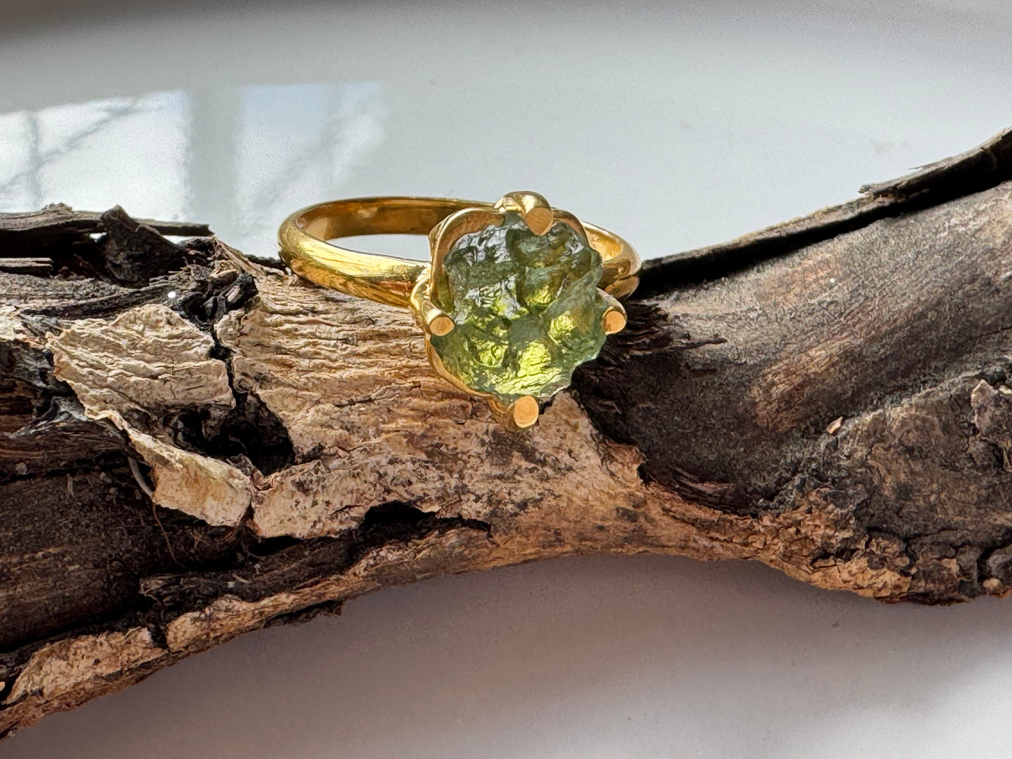 Gold Micron Plated Raw Moldavite Ring