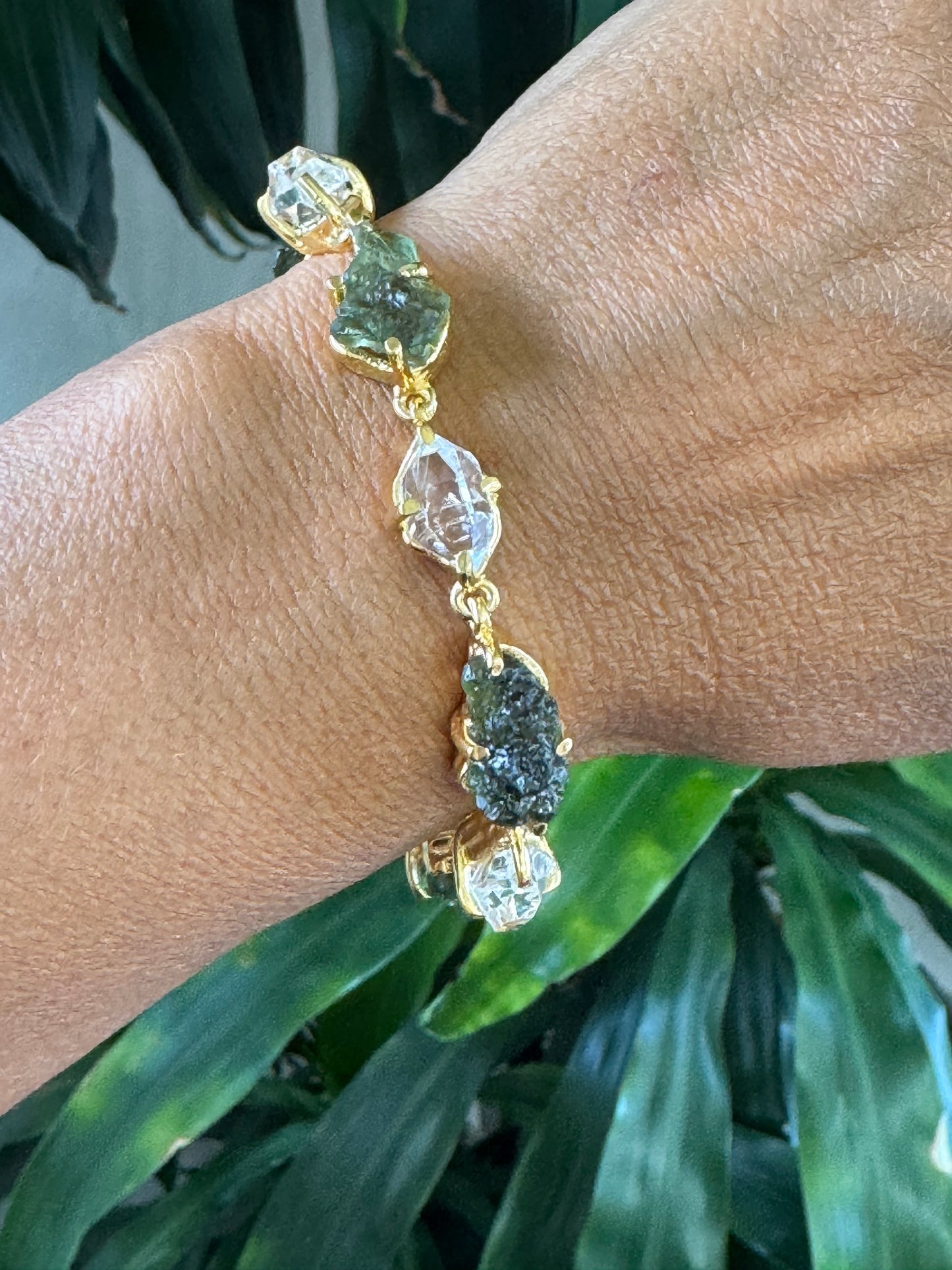 Herkimer Diamond & Moldavite Micron Gold Bracelet