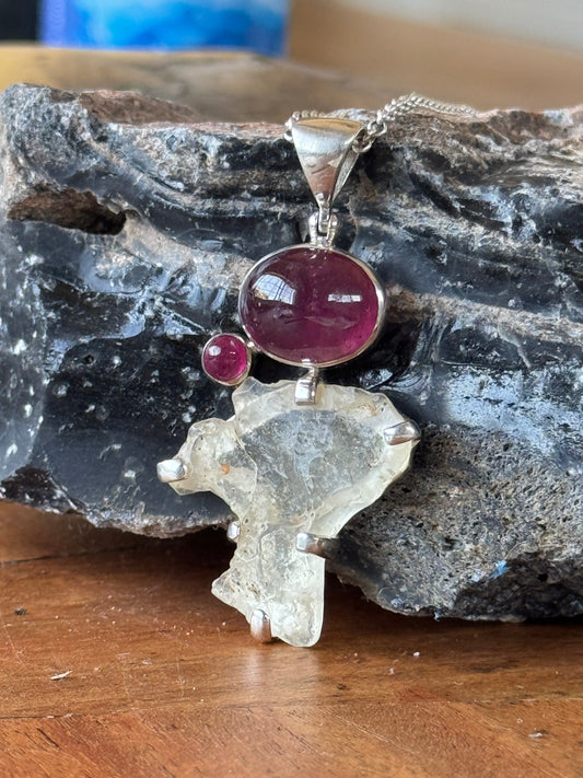 Raw Libyan Desert Glass & Natural Star Ruby Pendant