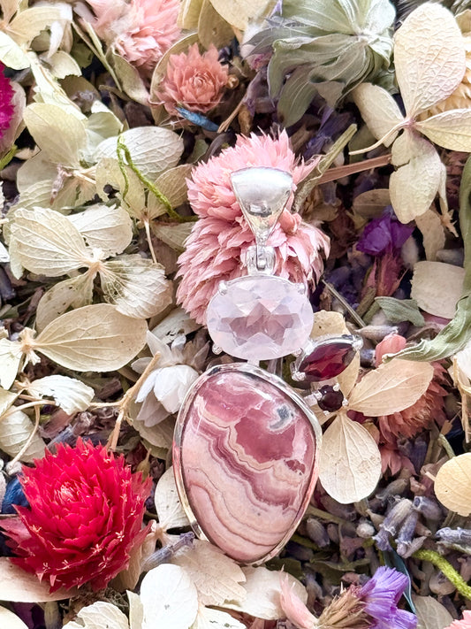 Rhodochrosite, Rose Quartz & Garnet Pendant