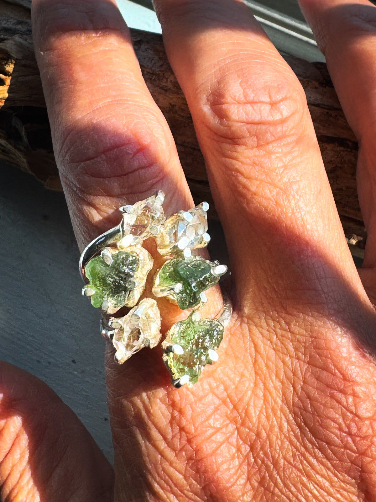 Natural Moldavite & Herkimer Diamond Ring