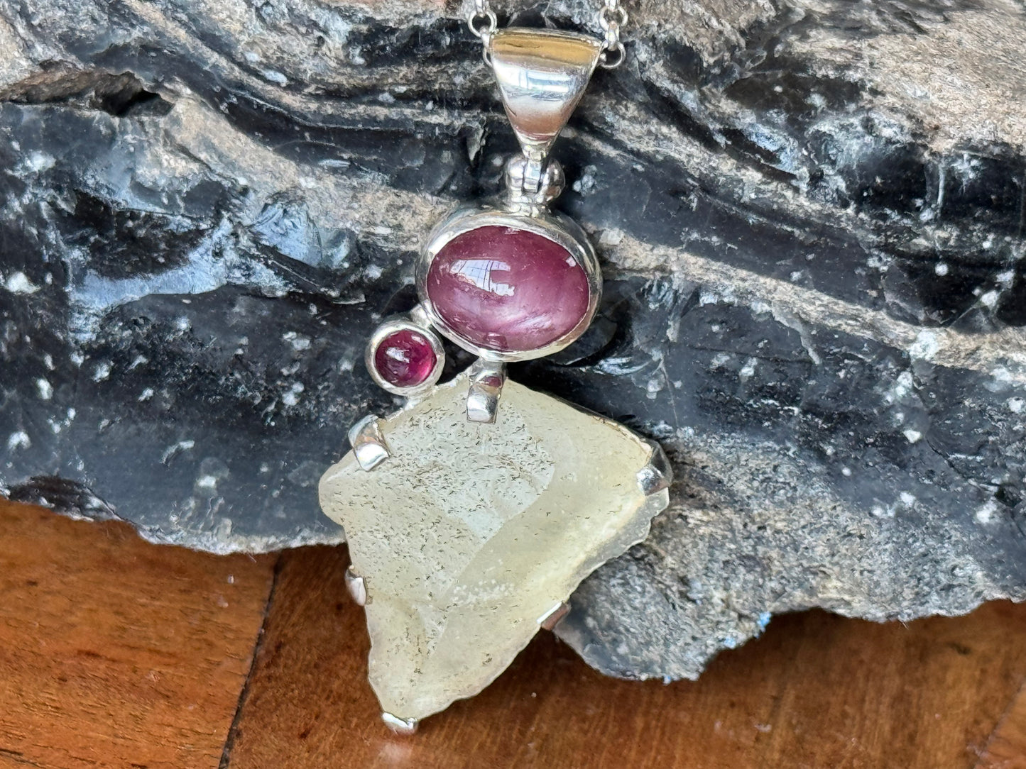Raw Libyan Desert Glass & Natural Ruby Pendant
