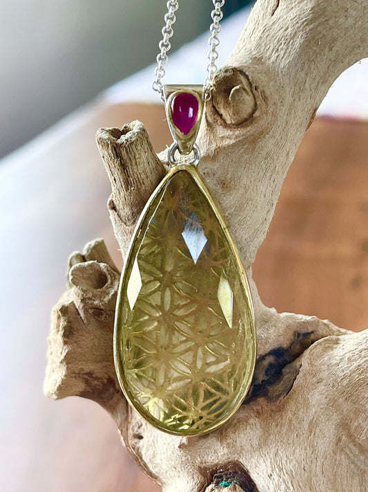 Libyan Desert Glass Tektite & Ruby pendant