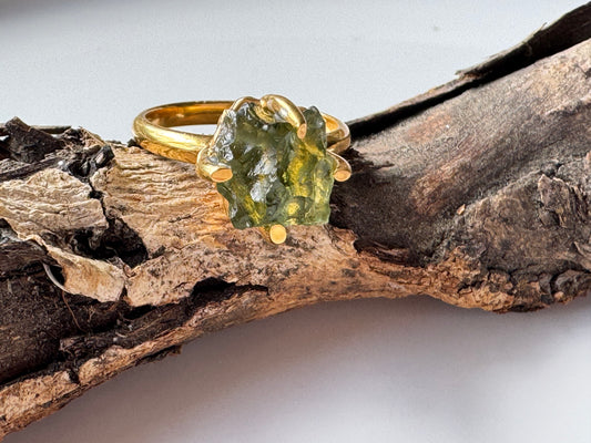 Gold Micron Plated Raw Moldavite Ring