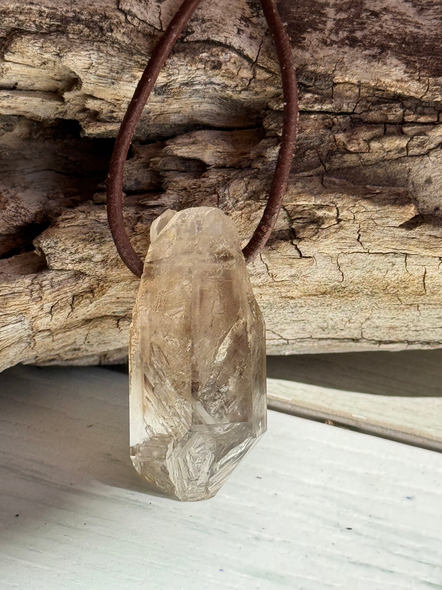 Raw Natural Fenster Quartz Point Pendant -  Burenberg Mountain, Namibia with Leather Necklace