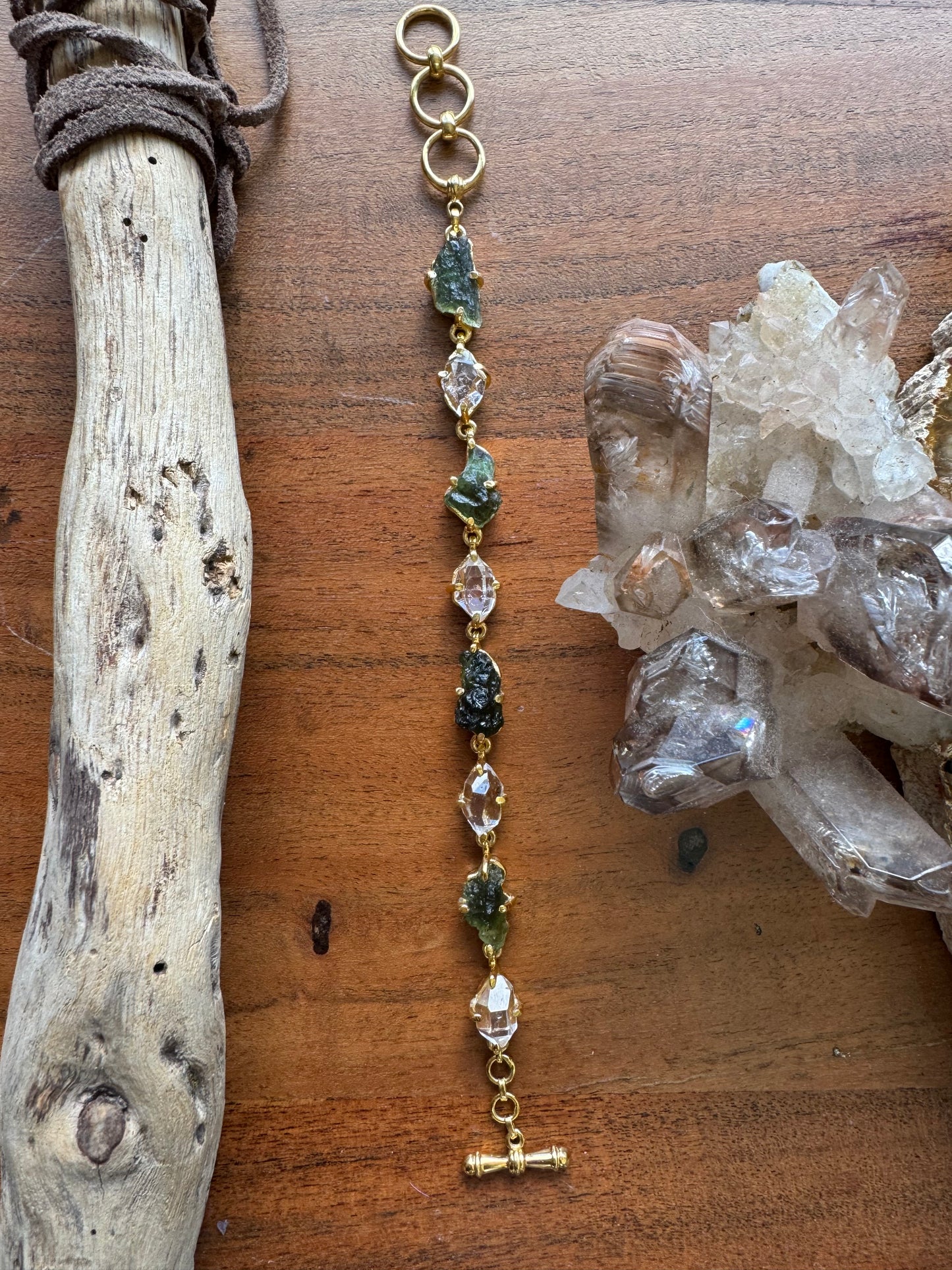 Herkimer Diamond & Moldavite Micron Gold Bracelet