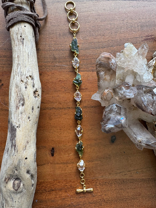 Herkimer Diamond & Moldavite Micron Gold Bracelet
