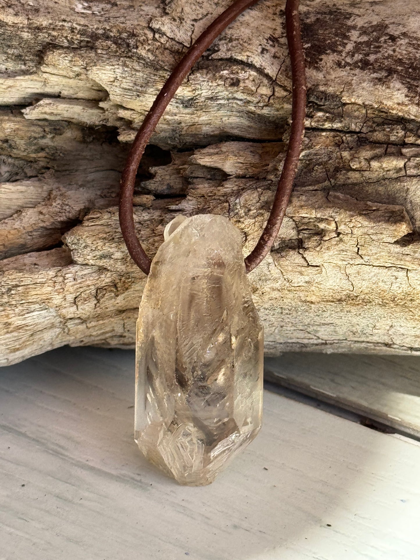 Raw Natural Fenster Quartz Point Pendant -  Burenberg Mountain, Namibia with Leather Necklace