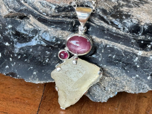 Raw Libyan Desert Glass & Natural Ruby Pendant