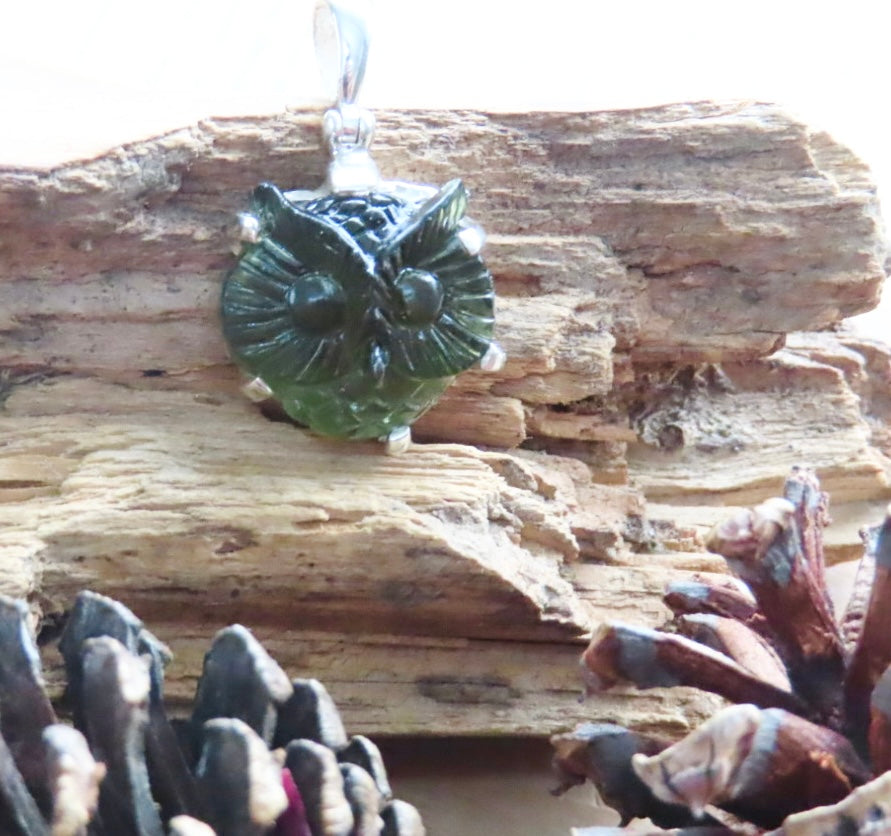 Natural Moldavite Owl Carving Sterling Silver Pendant- Wisdom, Transformation & Spiritual Awakening