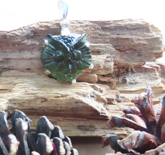 Natural Moldavite Owl Carving Sterling Silver Pendant- Wisdom, Transformation & Spiritual Awakening