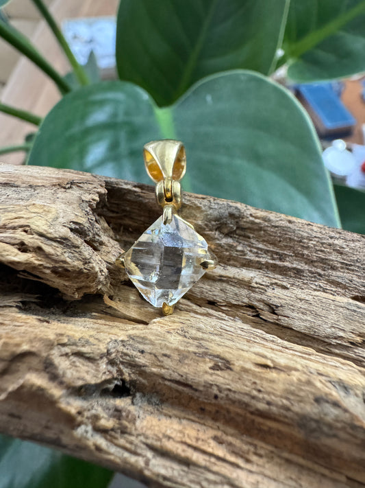 Completely Raw Natural Herkimer Diamond Micron Gold Pendant – High Vibration, Clarity & Spiritual Awakening