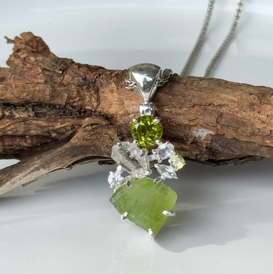 Crystals Grid Pendant- peridot with Herkimer Diamond