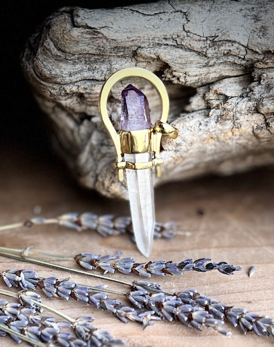 Natural Raw Amethyst & Clear Quartz Point Pendant – Magic, Protection & Spiritual Connection