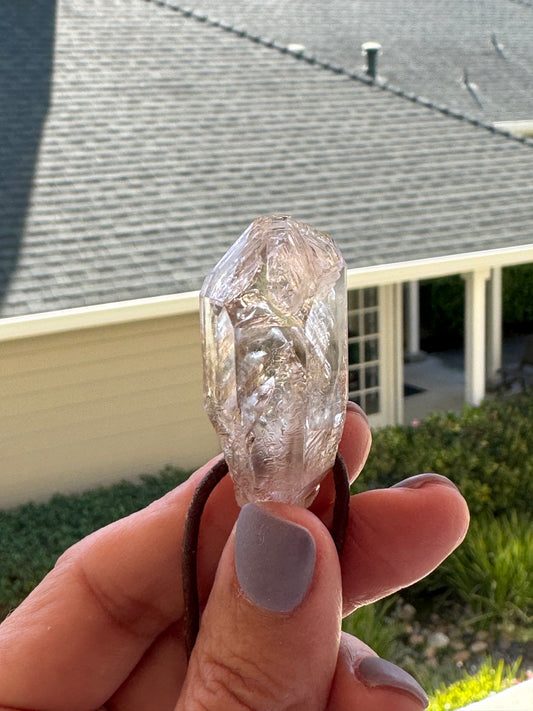 Raw Natural Fenster Quartz Point Pendant -  Burenberg Mountain, Namibia with Leather Necklace