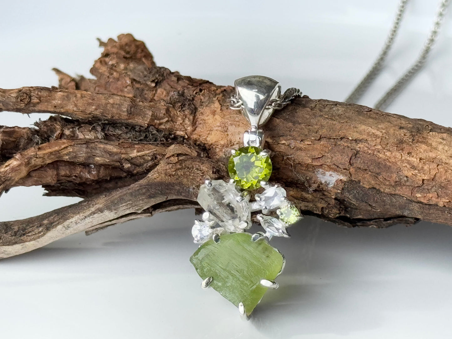 Crystals Grid Pendant- peridot with Herkimer Diamond