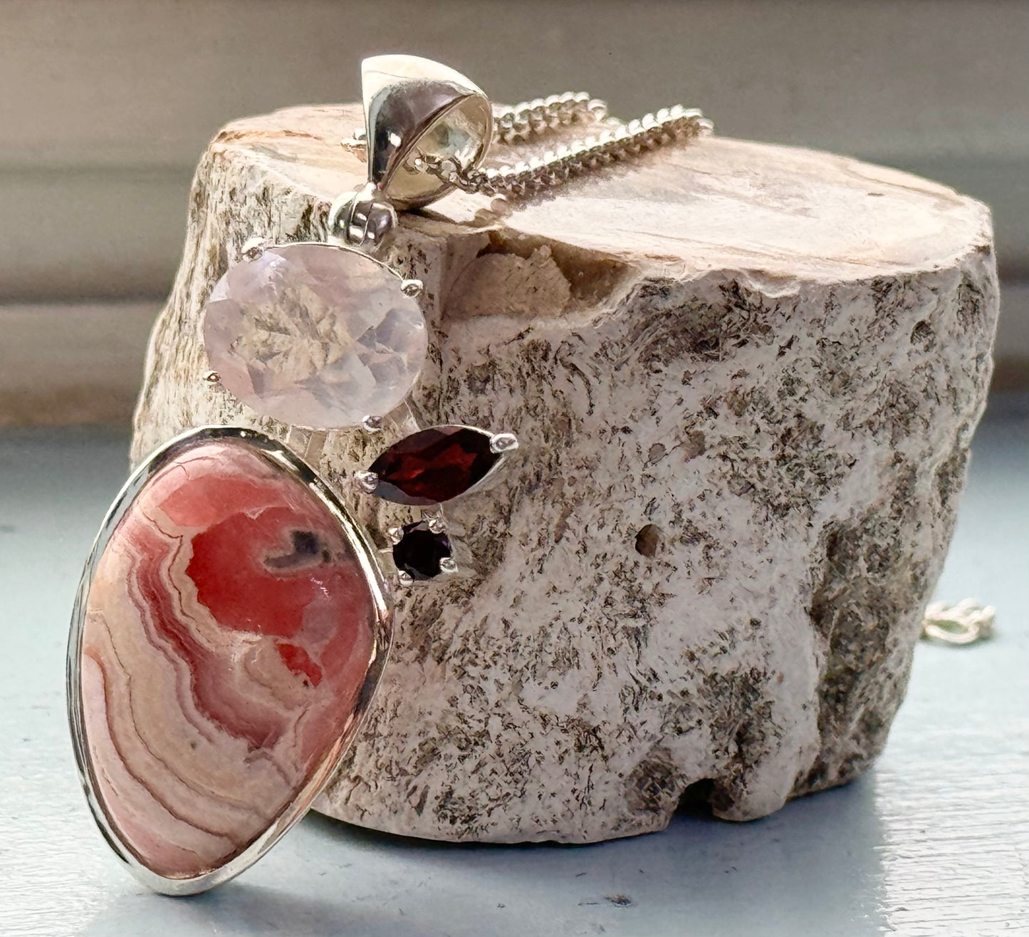 Rhodochrosite, Rose Quartz & Garnet Pendant