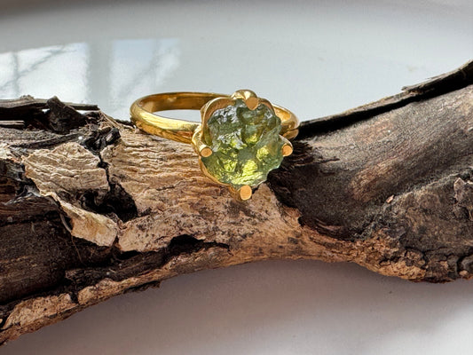 Gold Micron Plated Raw Moldavite Ring