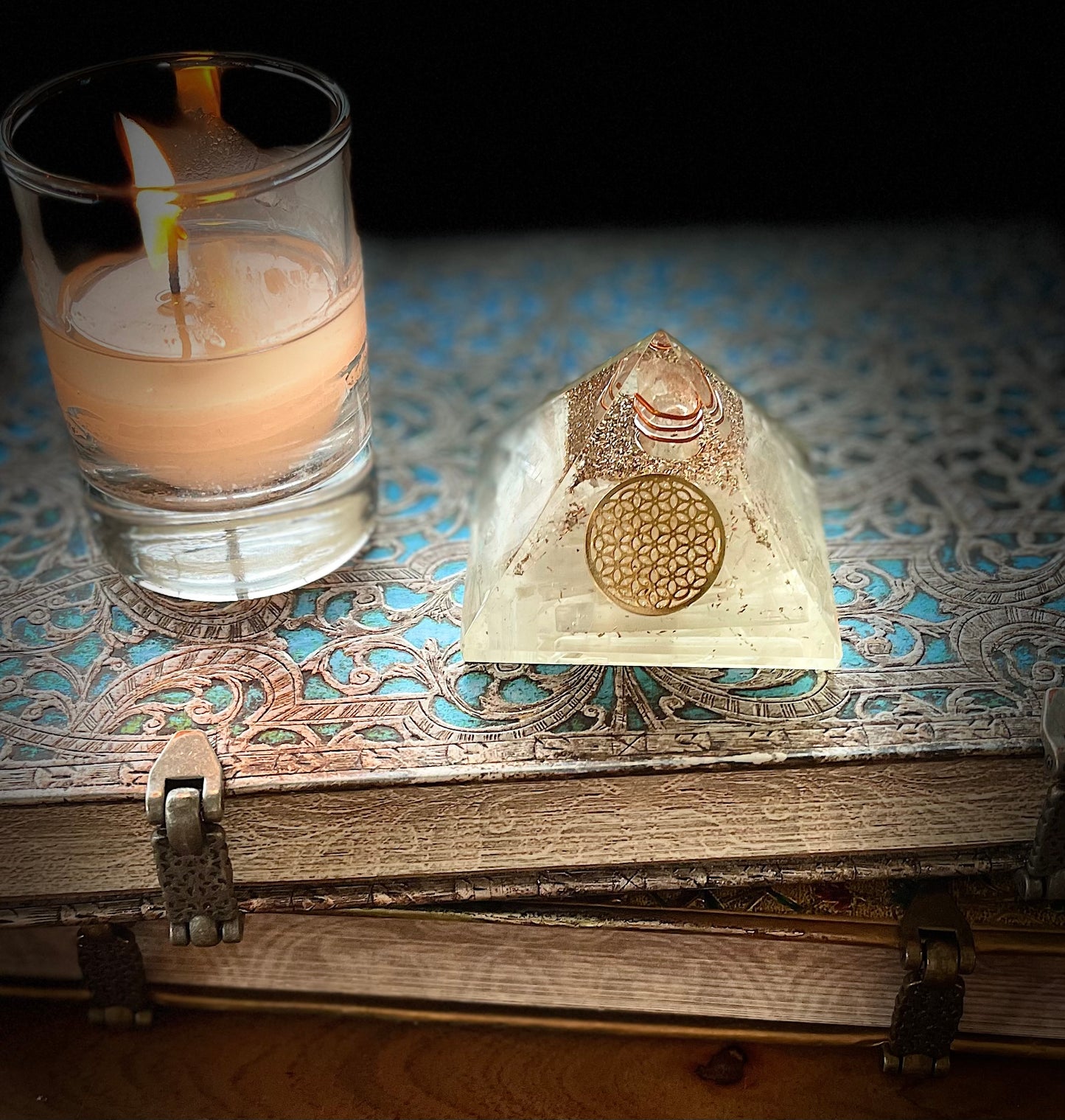 SELENITE ORGONE PYRAMID WITH FLOWER OF LIFE SYMBOL